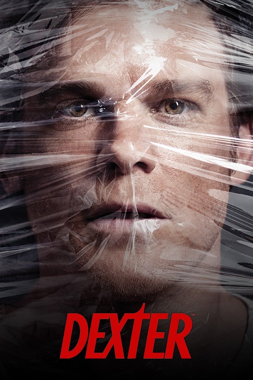 A man's face is tightly wrapped in clear plastic, looking directly ahead with a serious expression. The word DEXTER in bold red letters is at the bottom, reminiscent of the chilling precision often associated with crime thrillers—or even the suspenseful entertainment available on Croatia IPTV.