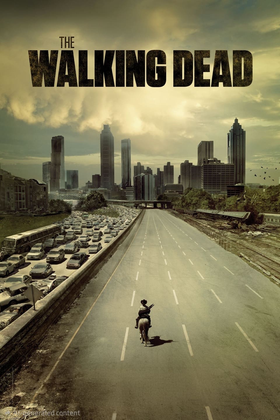 A lone rider on horseback travels down an empty highway toward a city skyline, while the opposite lanes are jammed with abandoned cars—capturing a haunting scene reminiscent of post-apocalyptic suspense. The text The Walking Dead appears at the top of the image, evoking the gripping drama you can watch anytime with Croatia IPTV.