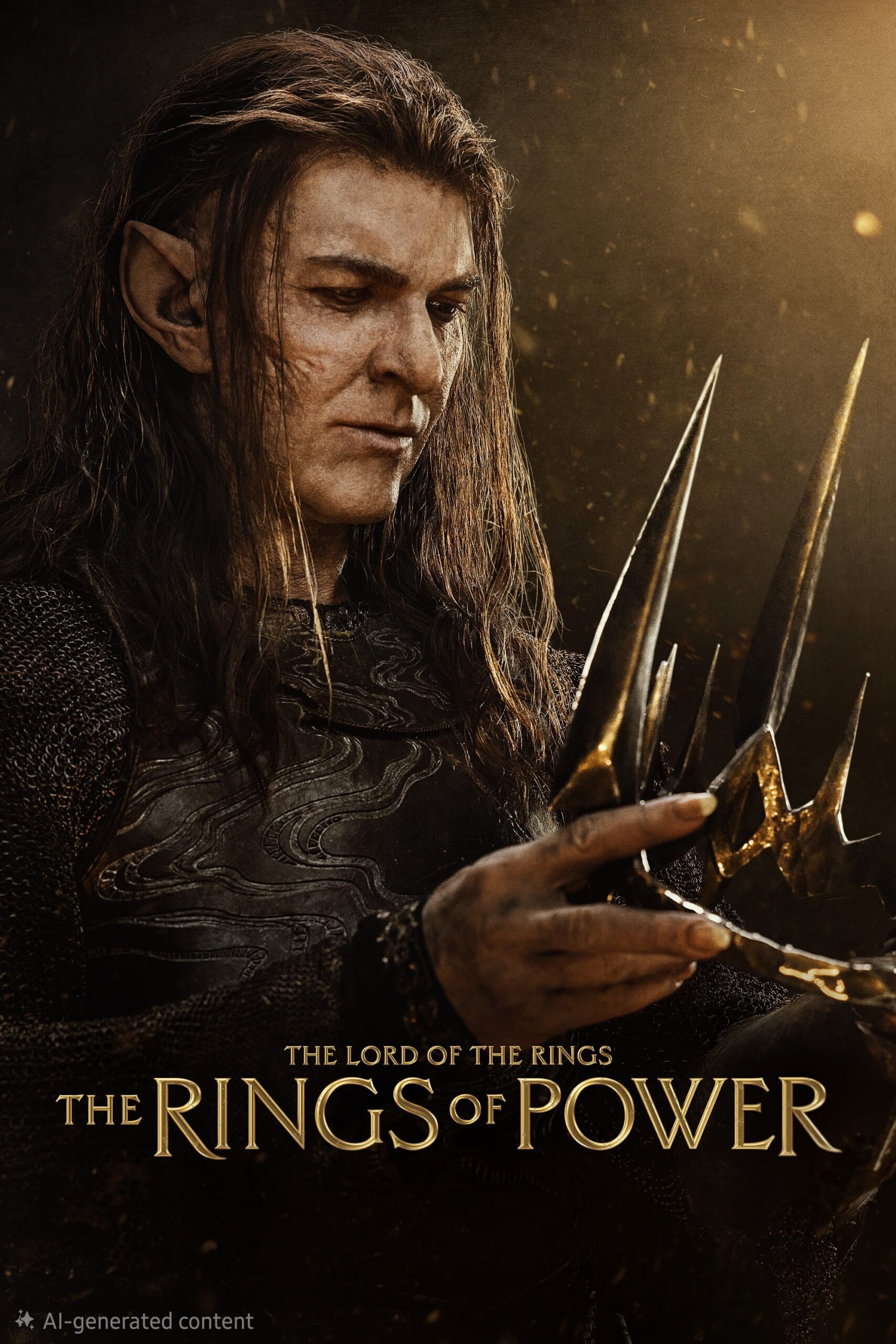 A fantasy character with long hair, pointed ears, and intricate armor holds a spiky golden crown. Text reads: The Lord of the Rings: The Rings of Power. With its dark, dramatic tone, the image evokes epic storytelling—now streaming on Croatia IPTV for fans across the realm.