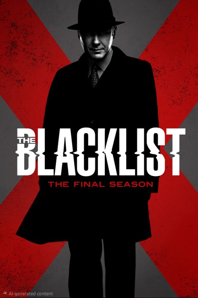 A man in a black hat and coat stands in front of a large red X. The text reads, The Blacklist: The Final Season. With a gray background and the bold red X crossing behind him, this image captures the suspense you can enjoy on Croatia IPTV.