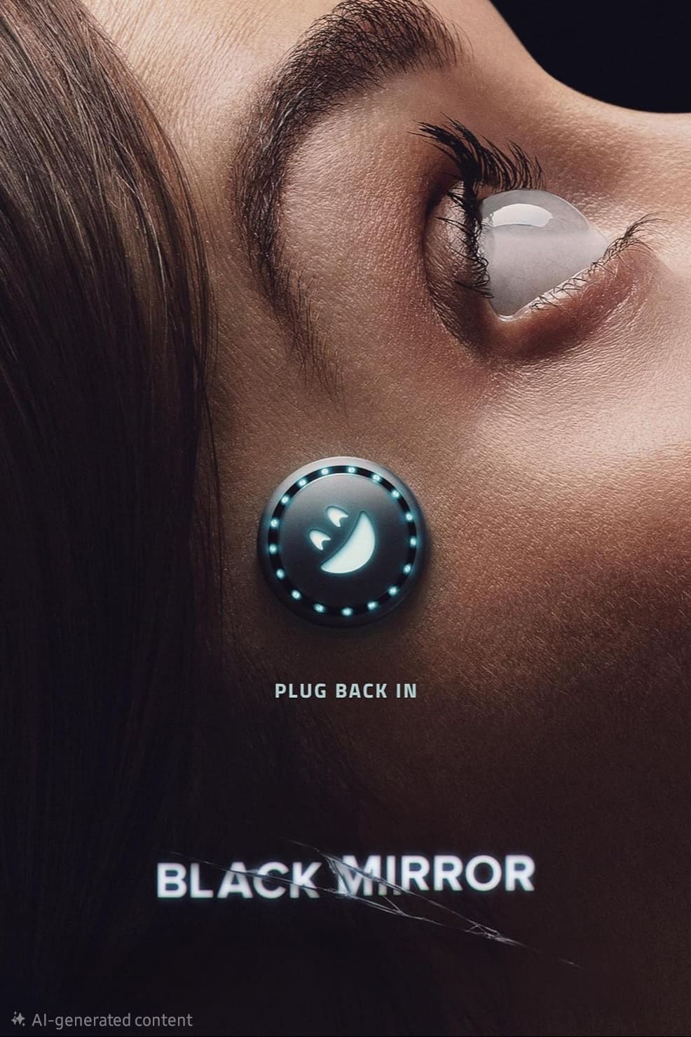 Close-up of a woman's face with a glowing, smiling circular device on her temple, and the text Plug Back In and Black Mirror below. The image has a futuristic, sci-fi atmosphere, evoking the high-tech innovation seen in Croatia IPTV advancements.