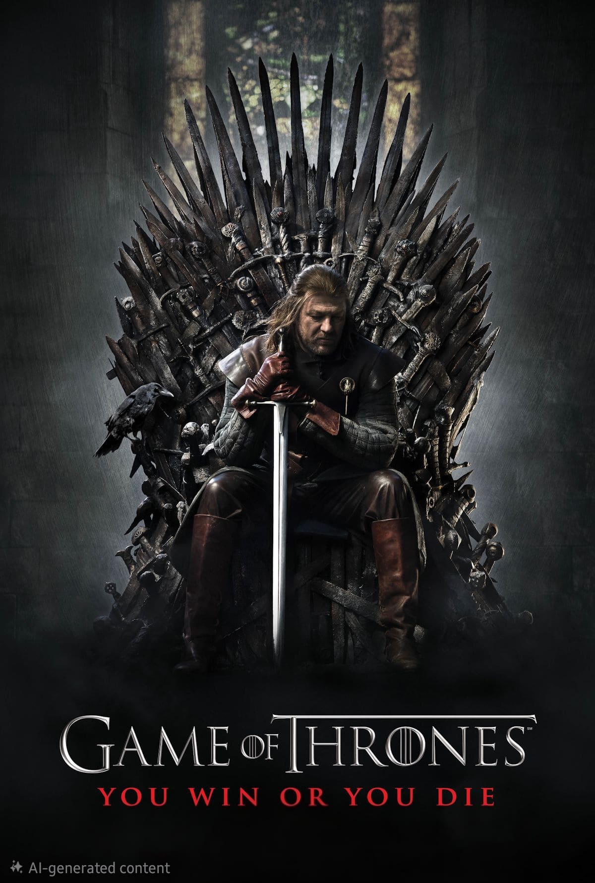 A man with long hair and armor sits on a throne made of swords, holding a large sword. The text reads Game of Thrones: You win or you die. The dark and dramatic background sets the scene, reminiscent of epic moments fans can relive anywhere with Croatia IPTV.