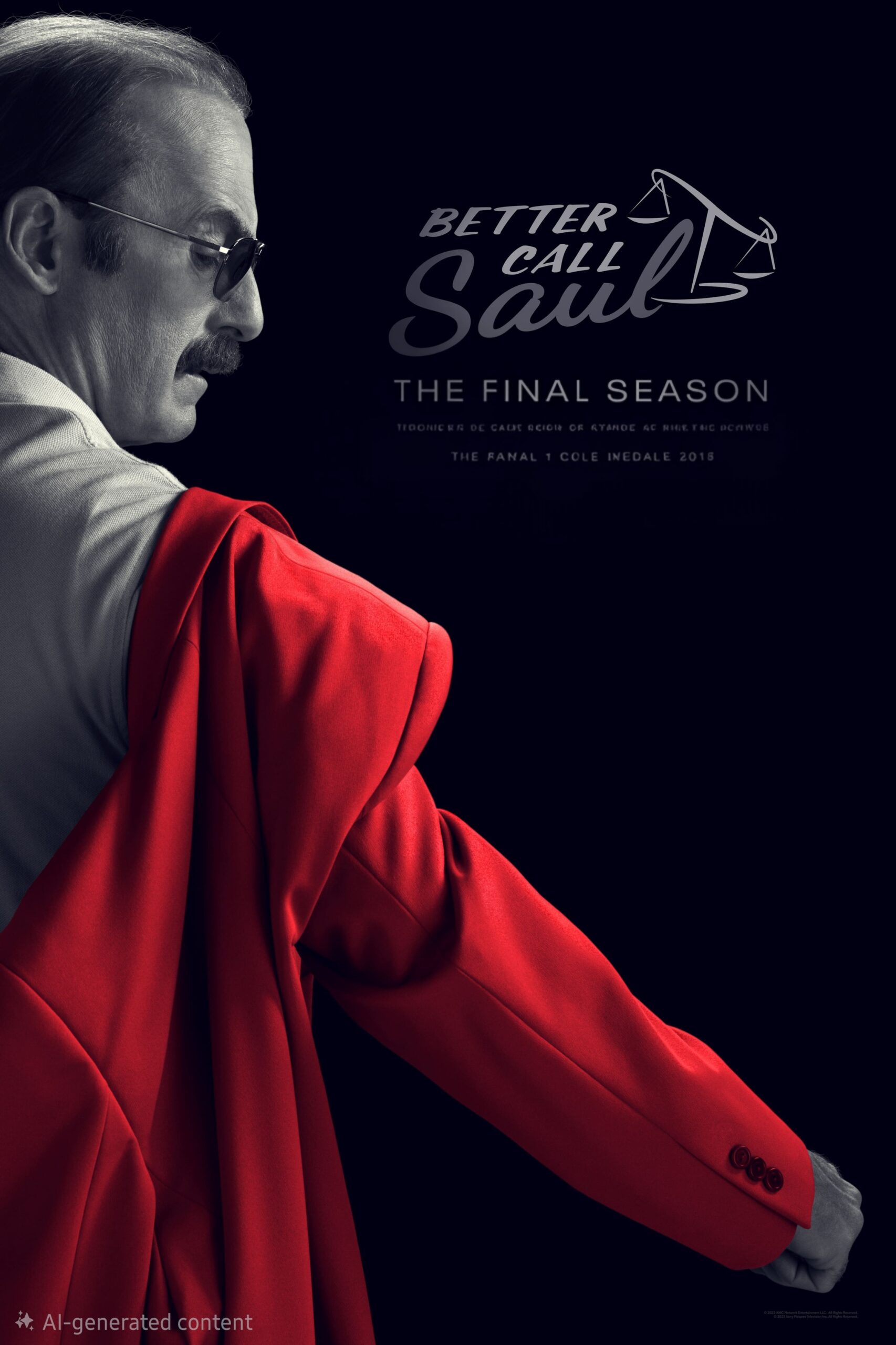 A man in glasses drapes a bright red jacket over his shoulder, facing away. Text reads Better Call Saul: The Final Season. The dark background highlights the man and the text, evoking the suspense found on Croatia IPTV streaming platforms.