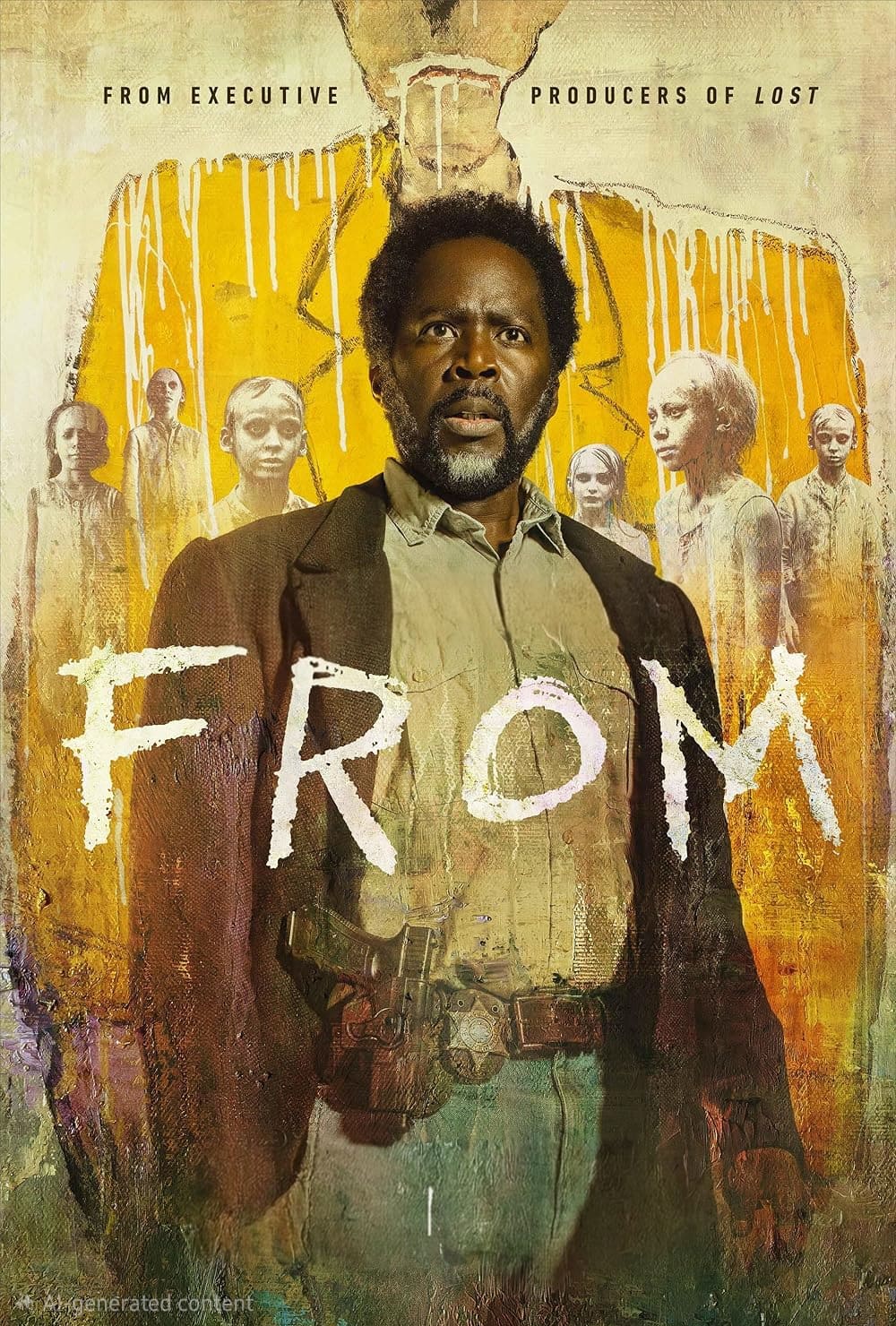 A serious man in a jacket stands in front of eerie, faded figures and trees. The word FROM is written across him. Text above reads, From executive producers of LOST. The overall tone is dark and mysterious, drawing viewers into a suspenseful world that feels as immersive as Croatia IPTV’s captivating line-up.