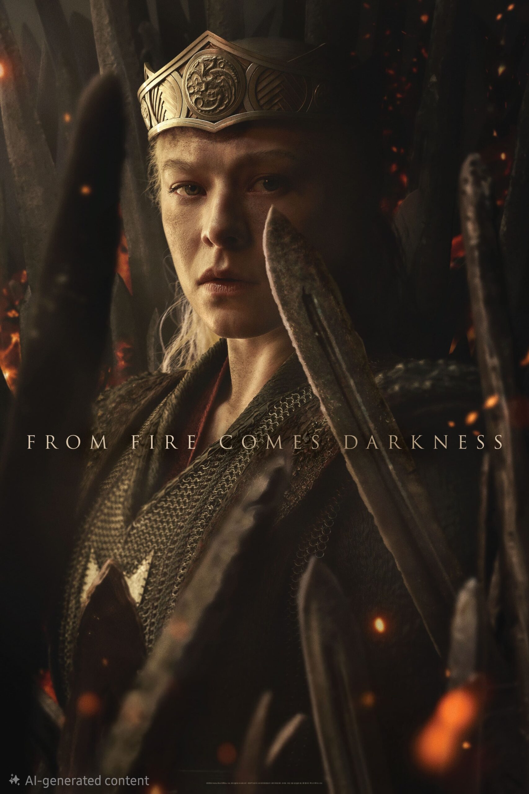 A woman in medieval armor and a crown sits on a throne of swords with embers floating around, her gaze unwavering as shadows flicker across the scene. Text across the image reads, FROM FIRE COMES DARKNESS. The atmosphere is dark and intense, evoking the gripping drama found in Croatia IPTV's most thrilling series.