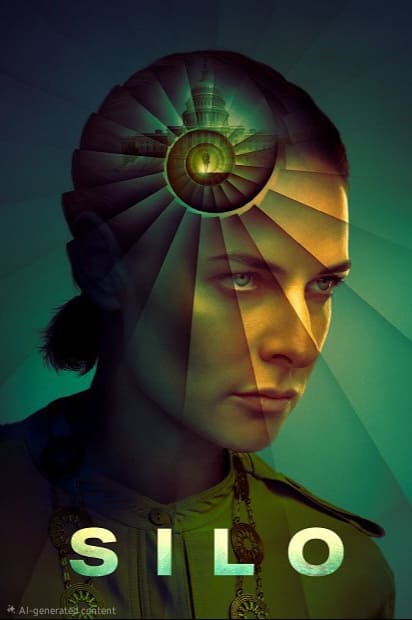 A woman with a serious expression stands in dramatic lighting. A spiral staircase is superimposed on her head, radiating beams of light. The word SILO is displayed in large white letters at the bottom, while subtle hints of Croatia IPTV are woven into the scene, evoking an air of technological intrigue.