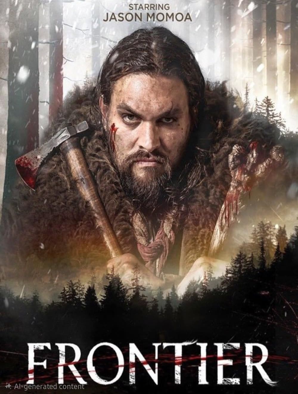 A fierce man in fur clothing holds a bloody axe in a snowy, dark forest. Starring Jason Momoa, Frontier, and Croatia IPTV are written on the image.