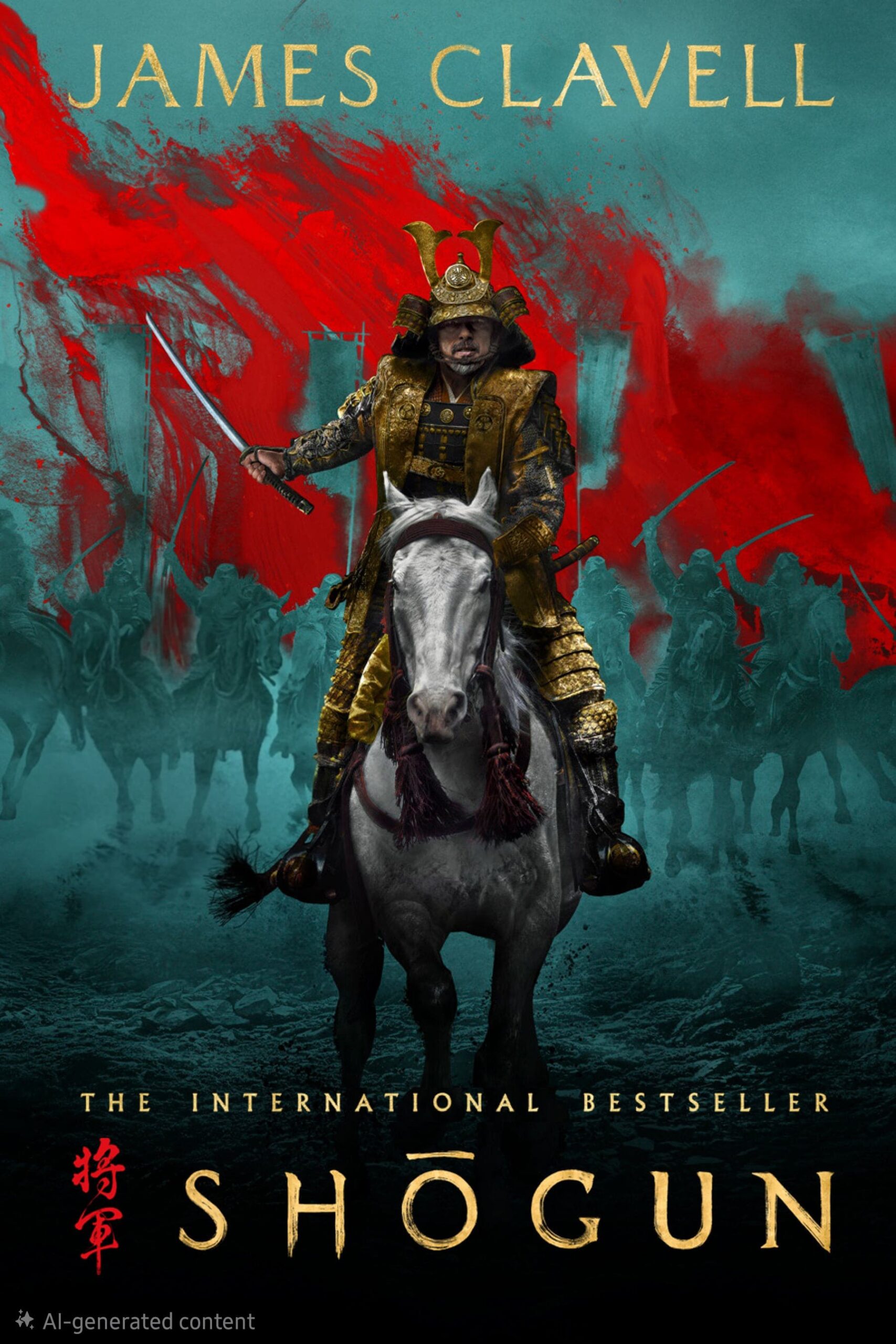 A samurai in gold armor rides a white horse with a sword raised. Red brushstrokes and shadowy riders are in the background, evoking cinematic drama reminiscent of stories found on Croatia IPTV. Text reads: James Clavell - Shogun - The International Bestseller.