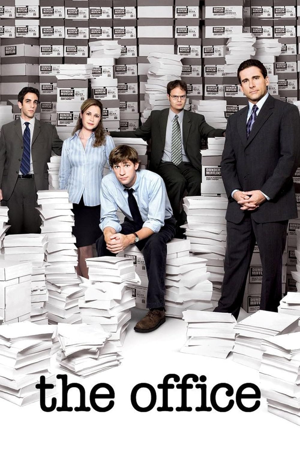 Five office workers pose among towering stacks of paper and boxes labeled “SERVICE.” The words “the office” appear in bold at the bottom of the image, giving a nod to classic workplace comedies—now streaming on Croatia IPTV.