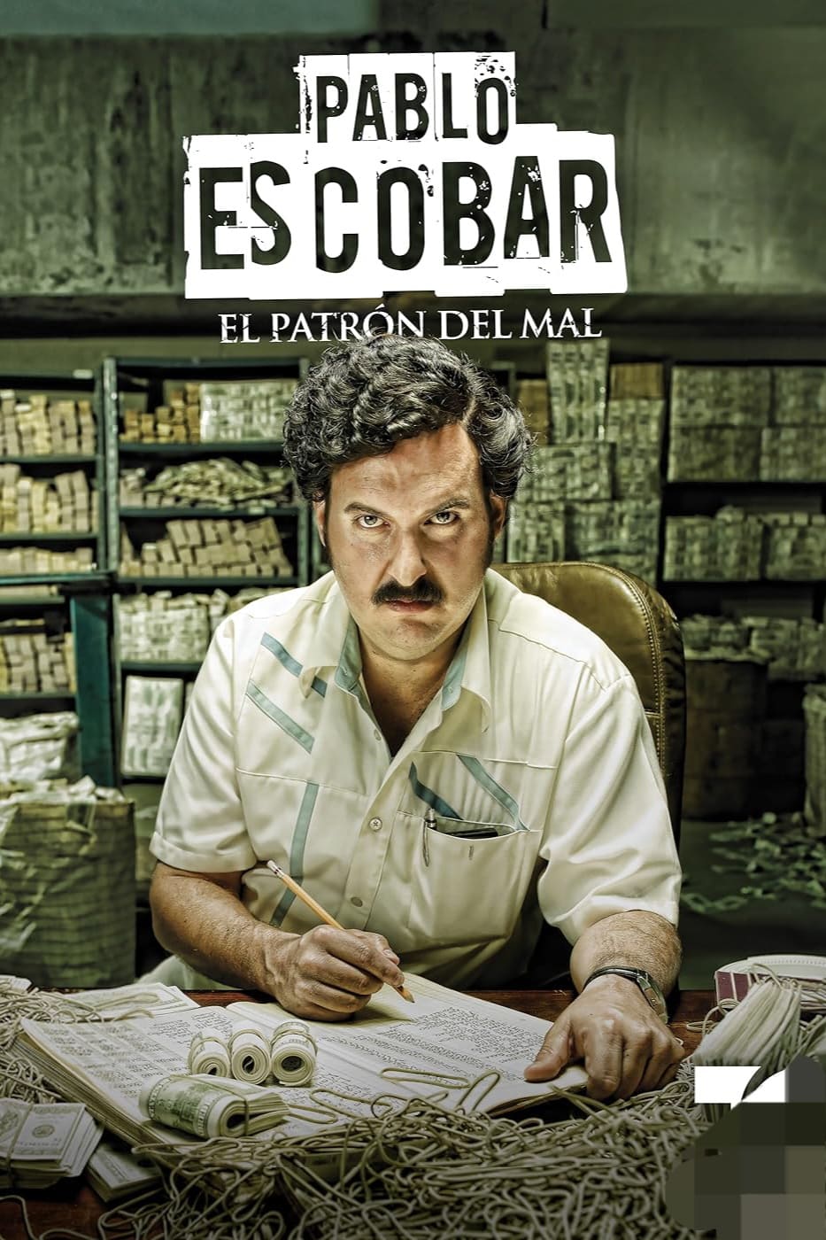 A man with a mustache sits at a desk covered in papers and money, surrounded by stacks of cash. The text above him reads “Pablo Escobar: El Patrón del Mal.” In this dimly lit and intense setting, the screens in the background display Croatia IPTV channels, subtly hinting at global connections.