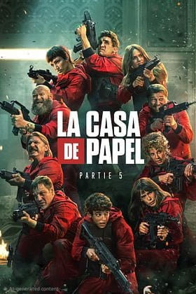 Twelve people in red jumpsuits hold guns, standing together in a dramatic pose. La Casa de Papel Partie 5 is written in bold white text across the center of the image, making it a striking choice for fans streaming through Croatia IPTV.