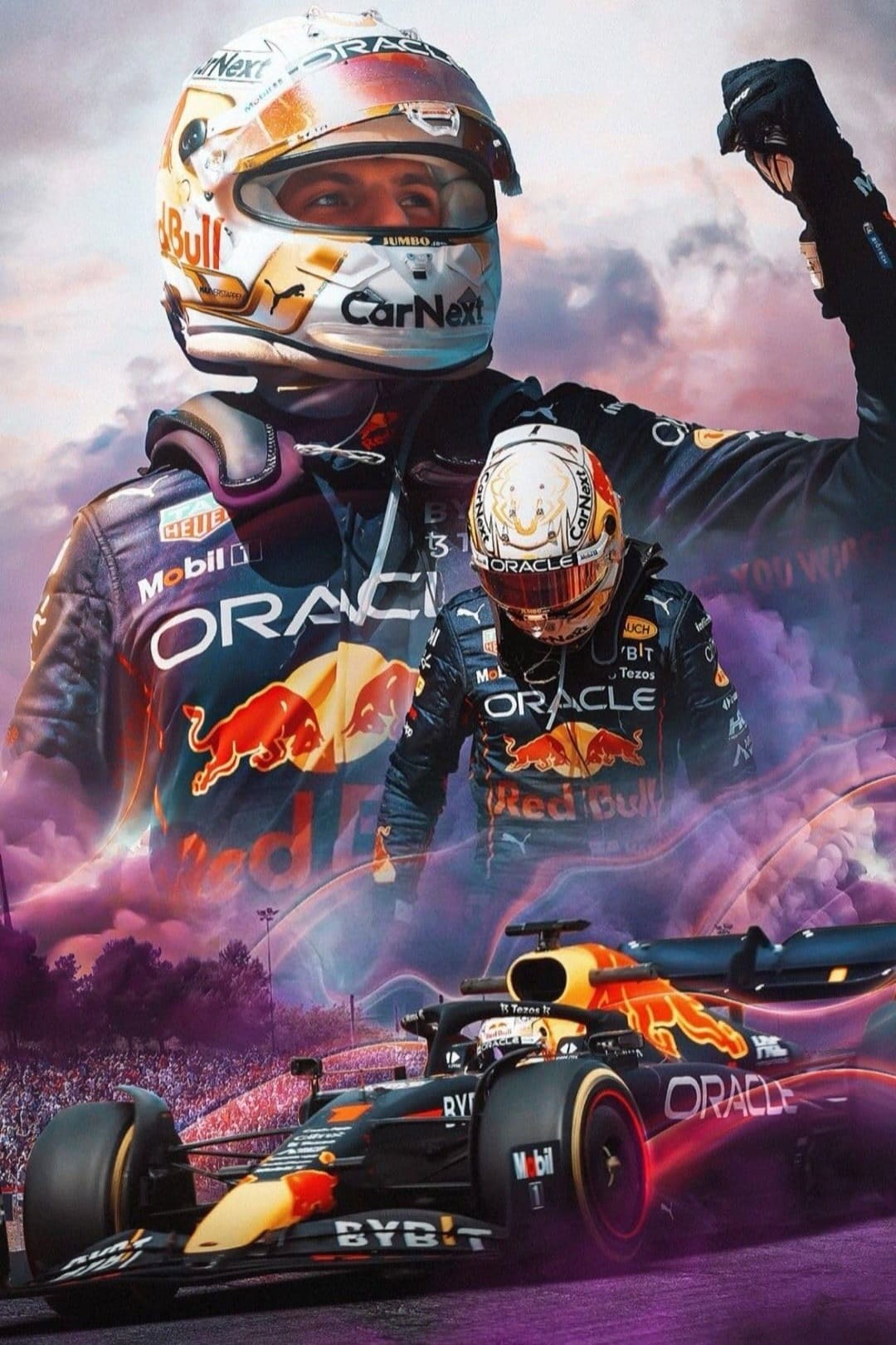 A dynamic collage of a Formula 1 driver in Red Bull gear, celebrating with a raised fist, layered with images of the driver and a Red Bull racing car on a smoky, energetic background—capturing the thrill you can experience live through Croatia IPTV.