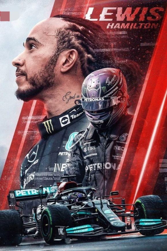 A digital poster featuring a race car driver, his car, his helmeted figure, and his name Lewis Hamilton in bold letters, set against a red and grey backdrop—perfect for fans catching every Grand Prix moment on Croatia IPTV.