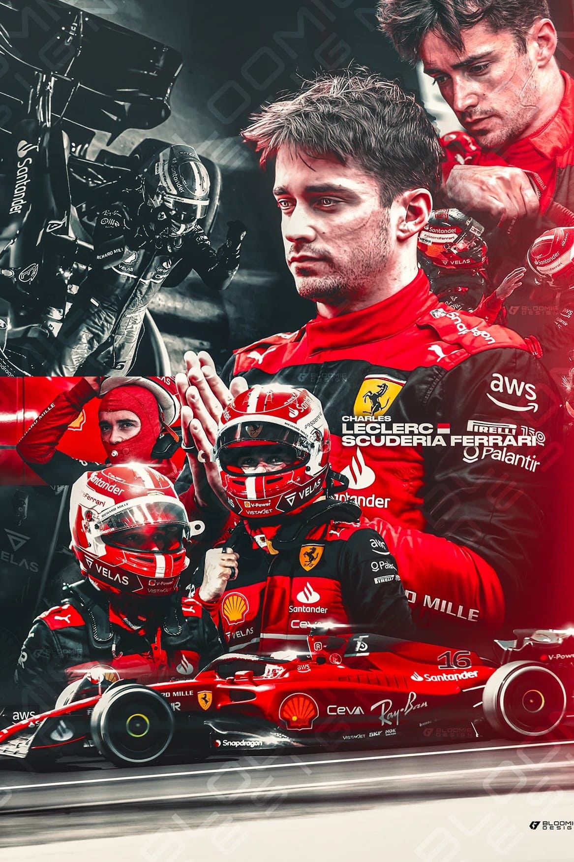 A collage of a Ferrari Formula 1 driver in a red suit and helmet, including close-ups of his face and him driving, with a monochrome background highlighting racing intensity, team branding, and subtle Croatia IPTV graphics woven seamlessly into the design.