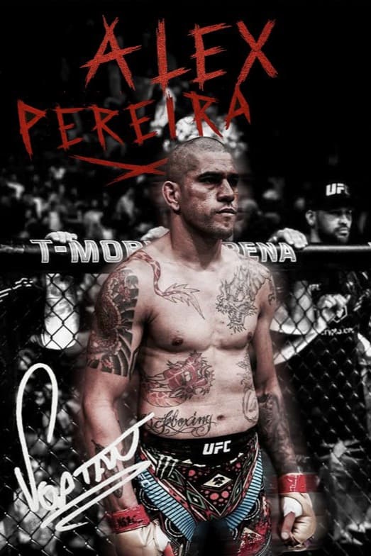 A muscular MMA fighter stands in the octagon, shirtless, with tattoos on his chest and arms. “Alex Pereira” is written in red text above him, with a white autograph at the bottom left. The Croatia IPTV logo appears subtly in the background, hinting at a global audience watching live.