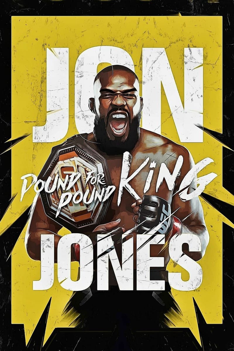 Illustration of a muscular man holding a championship belt, shouting with JON JONES and POUND FOR POUND KING in bold text over a yellow and black background, evoking the energy of a Croatia IPTV sports broadcast.