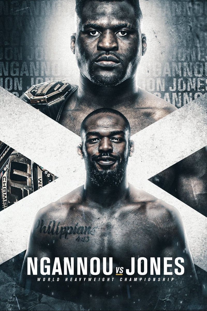 Two muscular men face forward, one above the other, with Ngannou vs Jones written between them, promoting a World Heavyweight Championship fight. Both appear serious, with a championship belt on the upper man—an electrifying moment you won’t want to miss, especially when streamed live through Croatia IPTV.