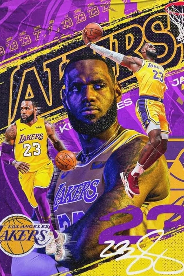 A vibrant collage of a Los Angeles Lakers basketball player wearing jersey number 23, shown dribbling, posing with a ball, and jumping, set against a purple and yellow background with “Lakers” and “23” visible—perfect for any basketball fan or those catching all the action on Croatia IPTV.