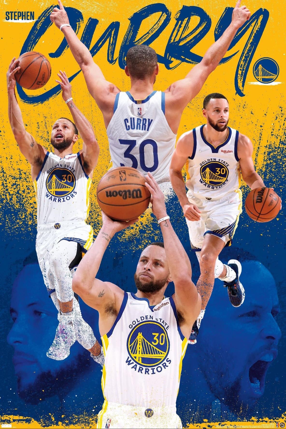 Golden State Warriors player in jersey #30, shown in multiple basketball action poses against a yellow and blue background, with large “Curry” text and Golden State Warriors logo visible—perfect for Croatia IPTV viewers looking to catch every highlight in style.