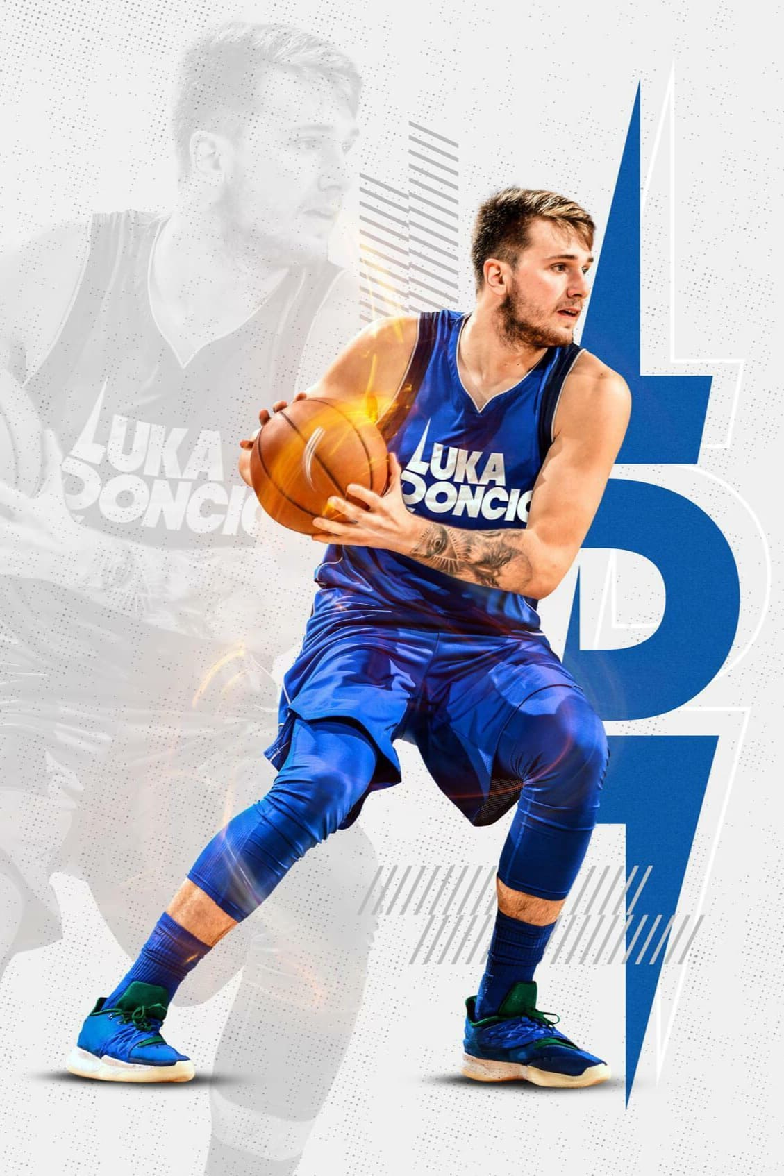 A basketball player in a blue uniform dribbles a ball with Luka Doncic written on his jersey. The background features a faded image of him and bold blue letters and numbers, creating an eye-catching design perfect for Croatia IPTV sports broadcasts.