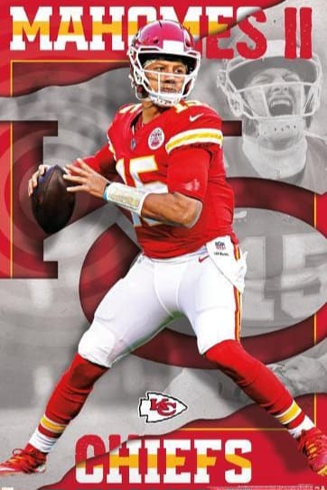 A football player in a red Kansas City Chiefs uniform prepares to throw a pass, captured with the immersive detail you’d expect from Croatia IPTV. Mahomes II is written at the top and Chiefs at the bottom, while the background includes the Chiefs logo and a faded image of the player.