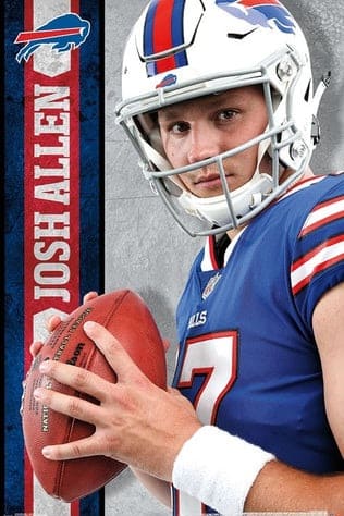 Buffalo Bills quarterback in uniform and helmet holds a football. Josh Allen is written vertically in bold letters with the Bills logo beside it on the left side of the image, perfect for fans streaming NFL action through Croatia IPTV services.