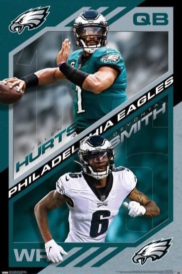 Poster featuring two Philadelphia Eagles NFL players: a quarterback in green (top) holding a football, labeled Jalen Hurts #1, and a wide receiver in white (bottom), labeled DeVonta Smith #6. Eagles logos are visible—a perfect pick for fans catching every game on Croatia IPTV.