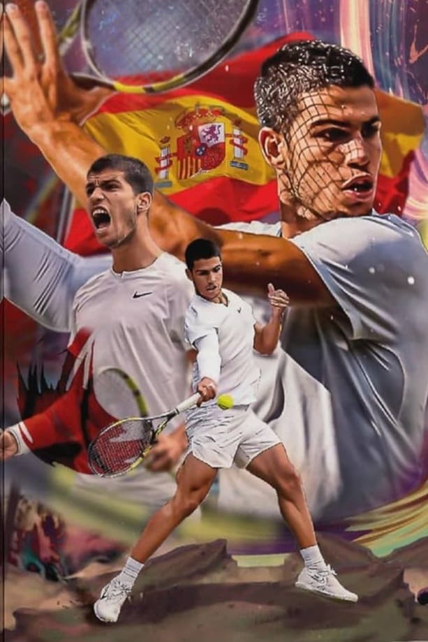 A digital collage features a male tennis player in various action poses, with a Spanish flag in the background, emphasizing energy and national pride—perfect for fans streaming every thrilling match through Croatia IPTV.
