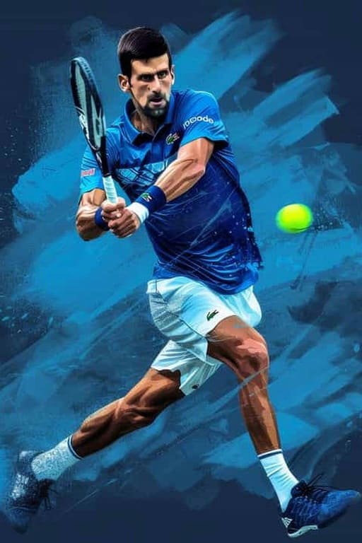 A male tennis player in blue sportswear hits a backhand shot with a racquet. A tennis ball is mid-air, and the background features blue artistic brush strokes, reminiscent of a dynamic Croatia IPTV broadcast.