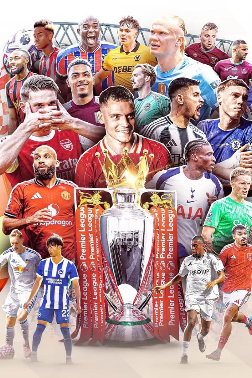 A collage of Premier League football players from various teams surrounds the Premier League trophy, with each player wearing their club’s kit in front of a stadium background—capturing the excitement and international appeal for fans streaming from around the world, including those tuning in through Croatia IPTV.