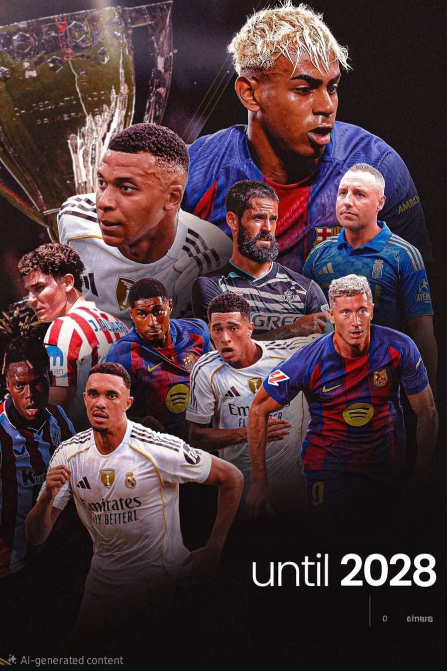 A collage of soccer players in various team jerseys with a trophy in the background, reminiscent of intense international matches broadcast on Croatia IPTV. The text at the bottom reads "until 2028." Players appear intense and focused.