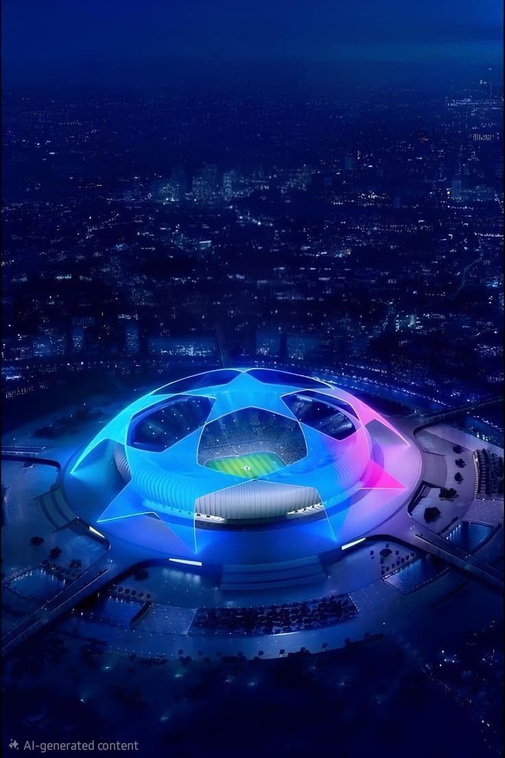 A futuristic stadium is lit up at night with blue and purple lights forming a star shape, highlighting the green pitch inside and surrounded by a cityscape, creating a vibrant scene reminiscent of high-quality broadcasts on Croatia IPTV.