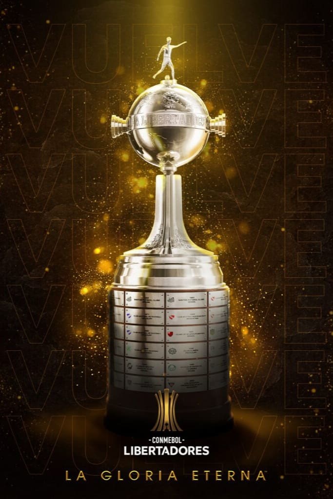 The Copa Libertadores trophy stands on a golden-lit background with VIVE faintly repeated. The base features team plaques, and text below reads CONMEBOL LIBERTADORES LA GLORIA ETERNA—a scene as exhilarating to football fans as catching every match live on Croatia IPTV.