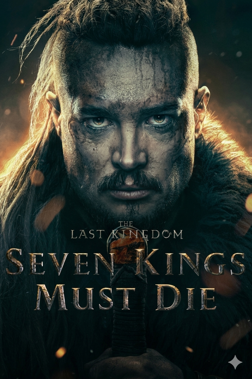 A fierce warrior with long, messy hair and a fur cloak stares intensely forward. The text reads: The Last Kingdom: Seven Kings Must Die. Against the dark and dramatic background, the legend lives on—now streaming via Croatia IPTV.