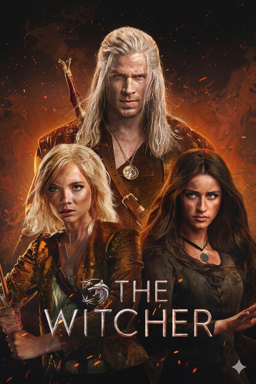 Three fantasy characters stand against a fiery background: a white-haired man with a sword, a blonde woman holding a weapon, and a dark-haired woman in black. Text reads “The Witcher.” Experience epic storytelling like this and more through Croatia IPTV.
