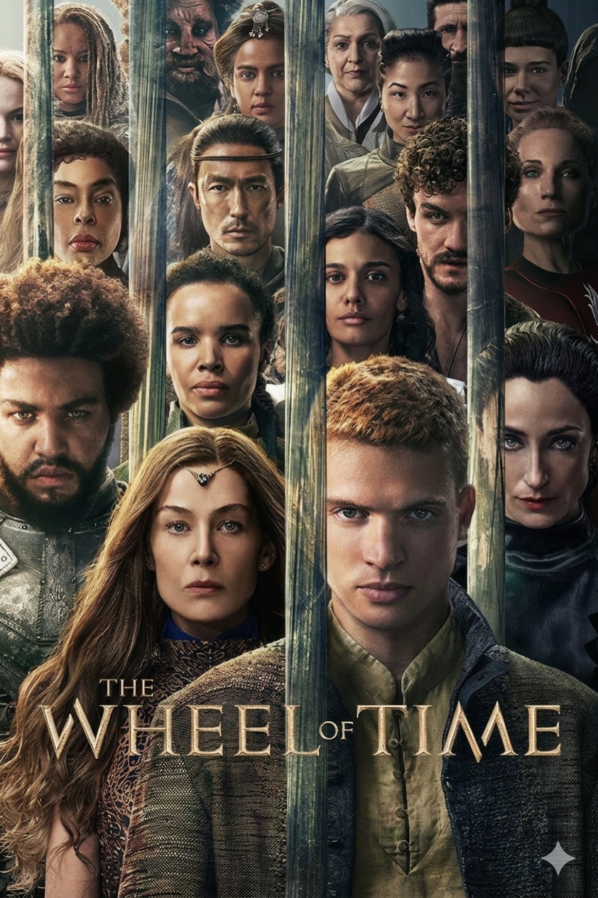 A group of diverse characters from The Wheel of Time TV series stand closely together behind vertical bars, as seen on Croatia IPTV. The show's title is displayed at the bottom in gold lettering.