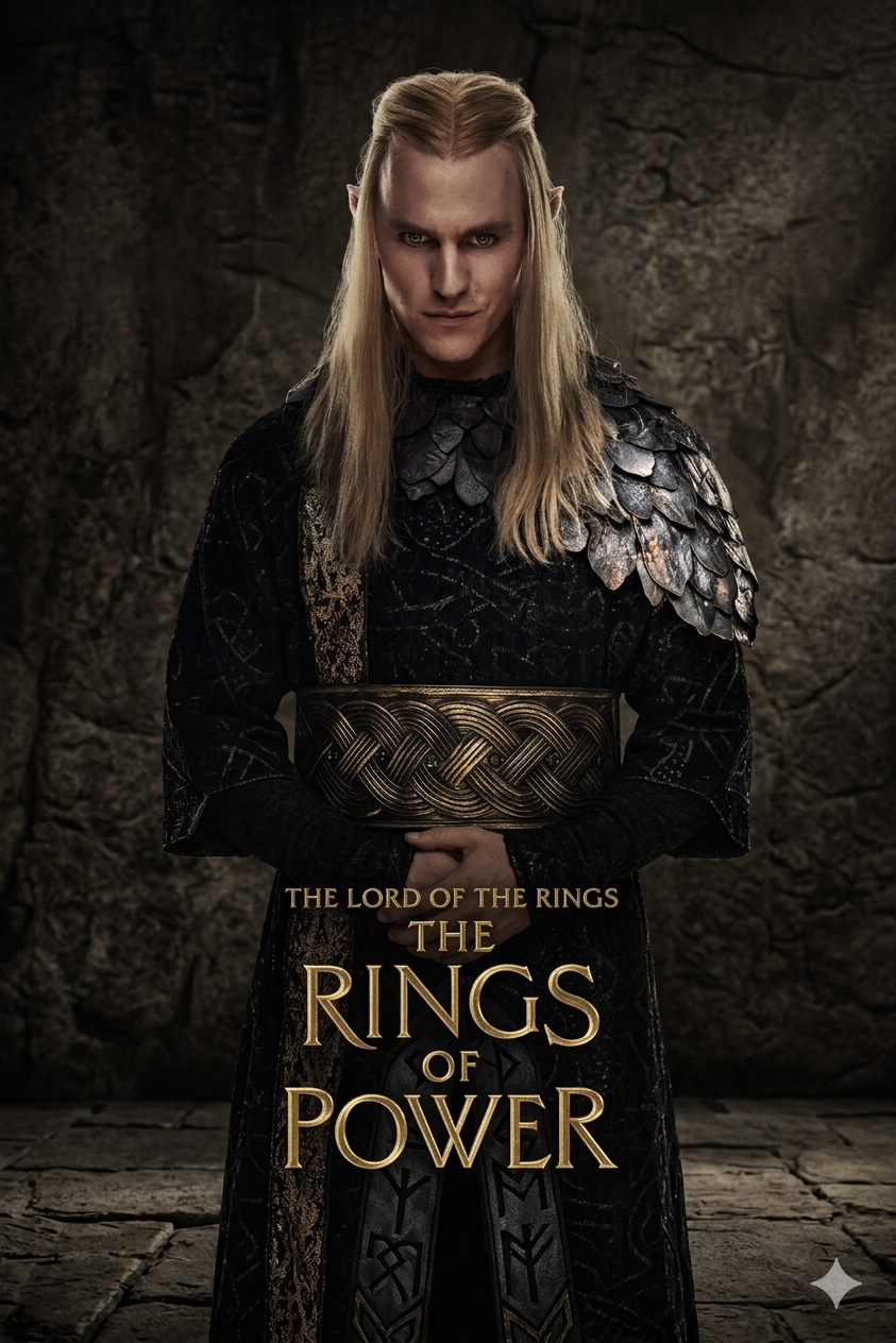 A blonde elf in dark, ornate armor stands against a stone wall, hands clasped. Text reads: The Lord of the Rings: The Rings of Power. Stream epic moments like this with Croatia IPTV and never miss your favorite fantasy adventures.