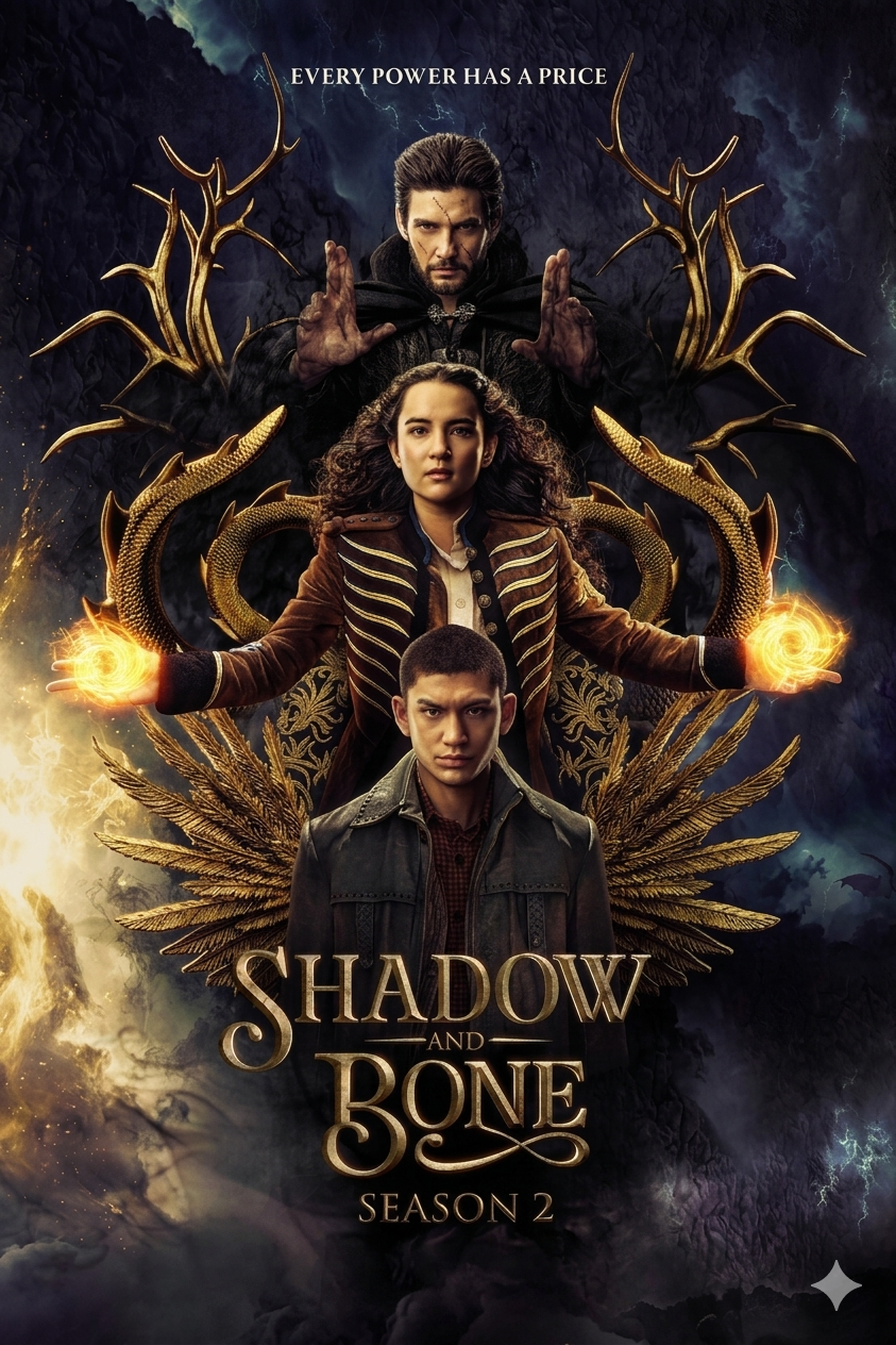 Three characters from Shadow and Bone season 2 stand in a powerful pose with glowing energy and mystical wings behind them, set against a dark, stormy background. Streaming now on Croatia IPTV. Text reads: Every power has a price. Shadow and Bone Season 2.