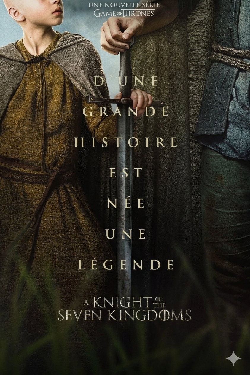 A child in a cloak stands beside a knight holding a sword. French text overlays the image, promoting A Knight of the Seven Kingdoms, a Game of Thrones series—now available to stream with Croatia IPTV.