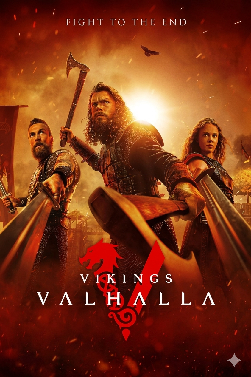 Three armed Vikings in armor stand ready for battle with intense expressions, the sun setting behind them. Text reads “FIGHT TO THE END” and “Vikings: Valhalla” with a red dragon logo—a scene as epic as watching it unfold live on Croatia IPTV.