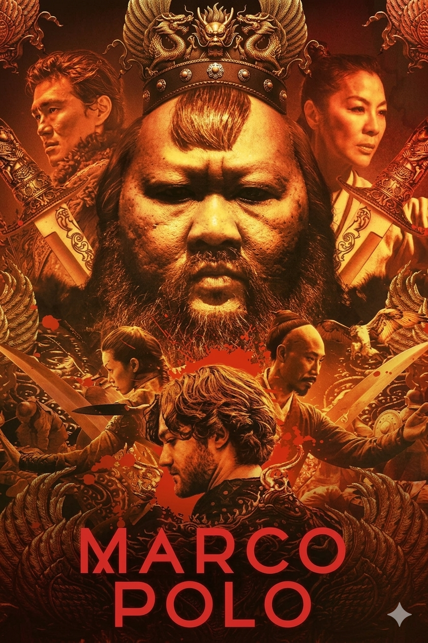 A dramatic poster for Marco Polo features intense faces of characters, swords, and elaborate golden designs, with a crowned figure in the center and the title Marco Polo at the bottom in bold letters—a cinematic experience best enjoyed with Croatia IPTV.