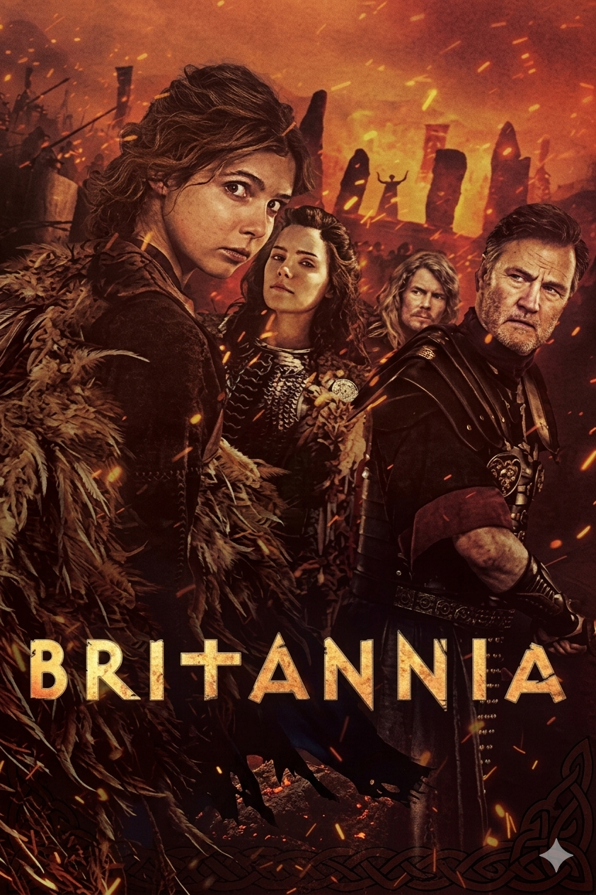 Four characters in ancient, dramatic costumes stand before a fiery, war-torn background with stone structures. The word Britannia is displayed in bold letters at the bottom, evoking the epic atmosphere found on Croatia IPTV historical dramas.