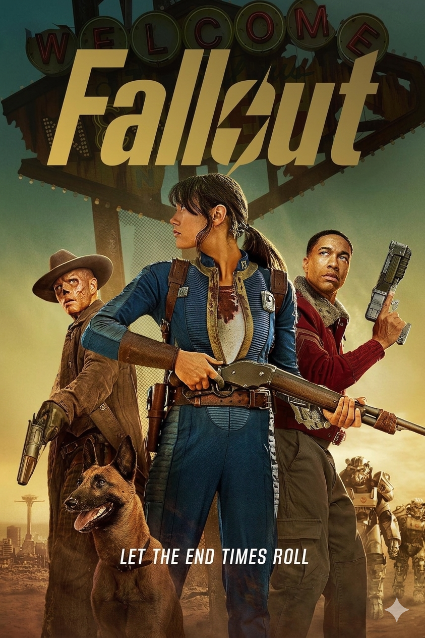 Three characters, a dog, and a robot stand ready in front of a damaged “Welcome” sign, with “Fallout” in large letters above them and “Let the End Times Roll” below, set in a post-apocalyptic landscape—much like tuning into Croatia IPTV to witness worlds beyond the ordinary.