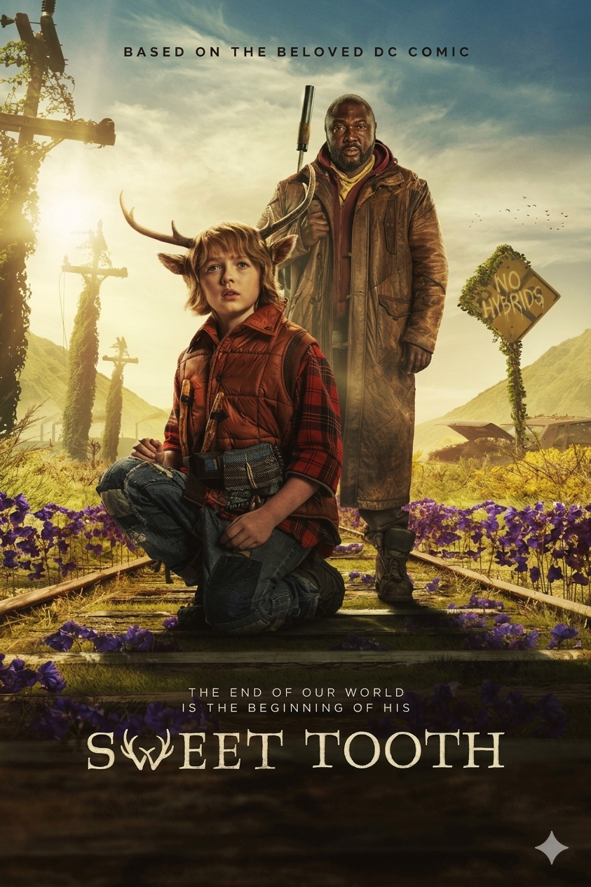 A boy with deer antlers and ears kneels on train tracks, with a man standing behind him. Wildflowers grow along the tracks, and a “No Hybrids” sign is visible. The text reads: “Sweet Tooth.” In the distance, an old Croatia IPTV billboard peeks through the greenery, adding to the story’s unique blend of worlds.