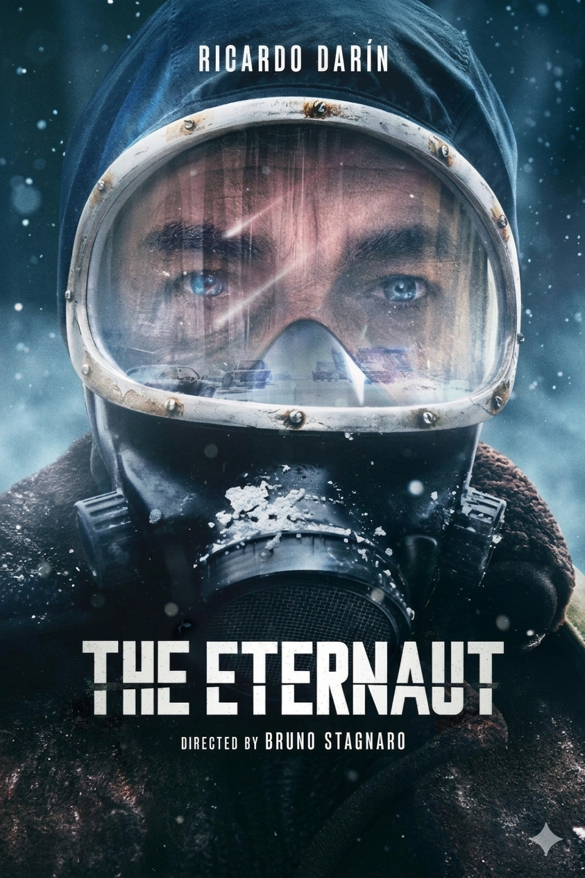 A person in winter clothing and a frost-covered mask stares intensely while snow is falling. The text RICARDO DARÍN, THE ETERNAUT, and DIRECTED BY BRUNO STAGNARO are visible. The chilling scene could be straight from a Croatia IPTV thriller, adding an extra layer of intrigue to the wintry atmosphere.