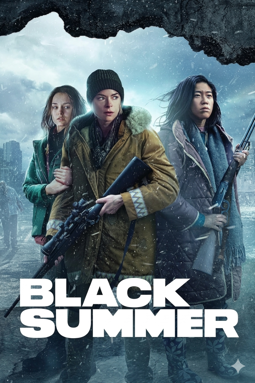 Three serious-looking women in winter clothing stand together in a snowy, apocalyptic city. Two hold rifles, and one stands slightly ahead, her gaze unwavering. The text “BLACK SUMMER” is displayed in bold white letters at the bottom—a chilling scene that viewers can experience firsthand through Croatia IPTV.