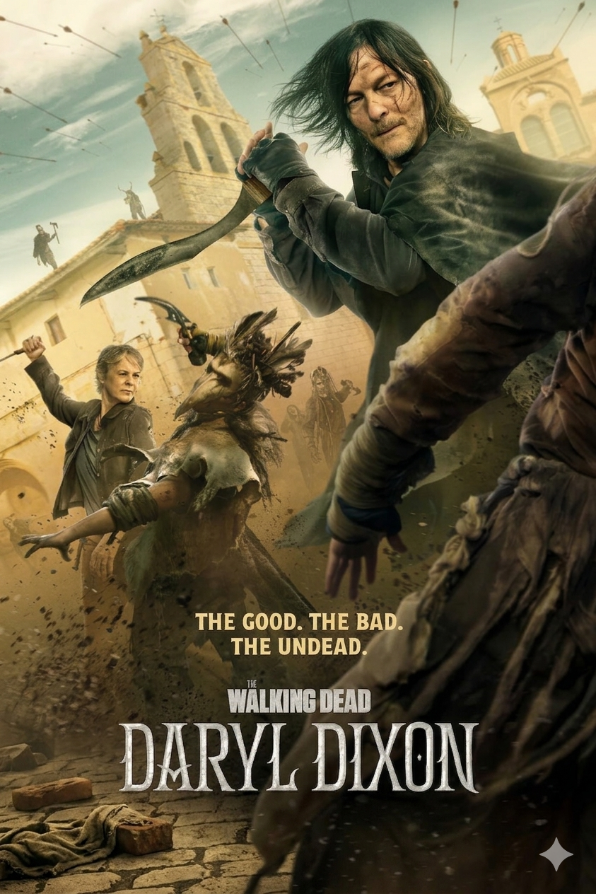 A man with a crossbow and a sword fights zombies in a ruined town. Debris flies as another person battles nearby, while viewers across the globe tune in through Croatia IPTV. Text reads: The Good. The Bad. The Undead. The Walking Dead: Daryl Dixon.