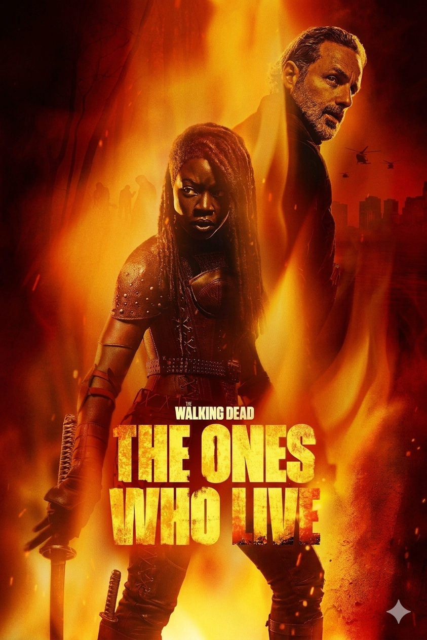 Two armed characters stand amid flames with a cityscape and helicopters in the background, evoking intense action. The text reads The Walking Dead: The Ones Who Live—a thrilling scene you won’t want to miss on Croatia IPTV.