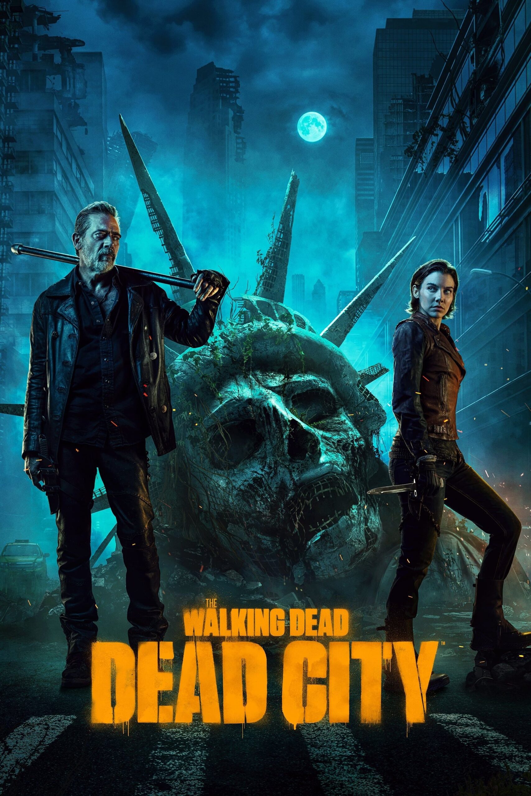 Two people stand in a dark city street with a ruined Statue of Liberty head behind them, reminiscent of the gritty settings you might find while watching Croatia IPTV. The title The Walking Dead: Dead City appears in bold yellow letters at the bottom, and the scene has a blue, apocalyptic tone.