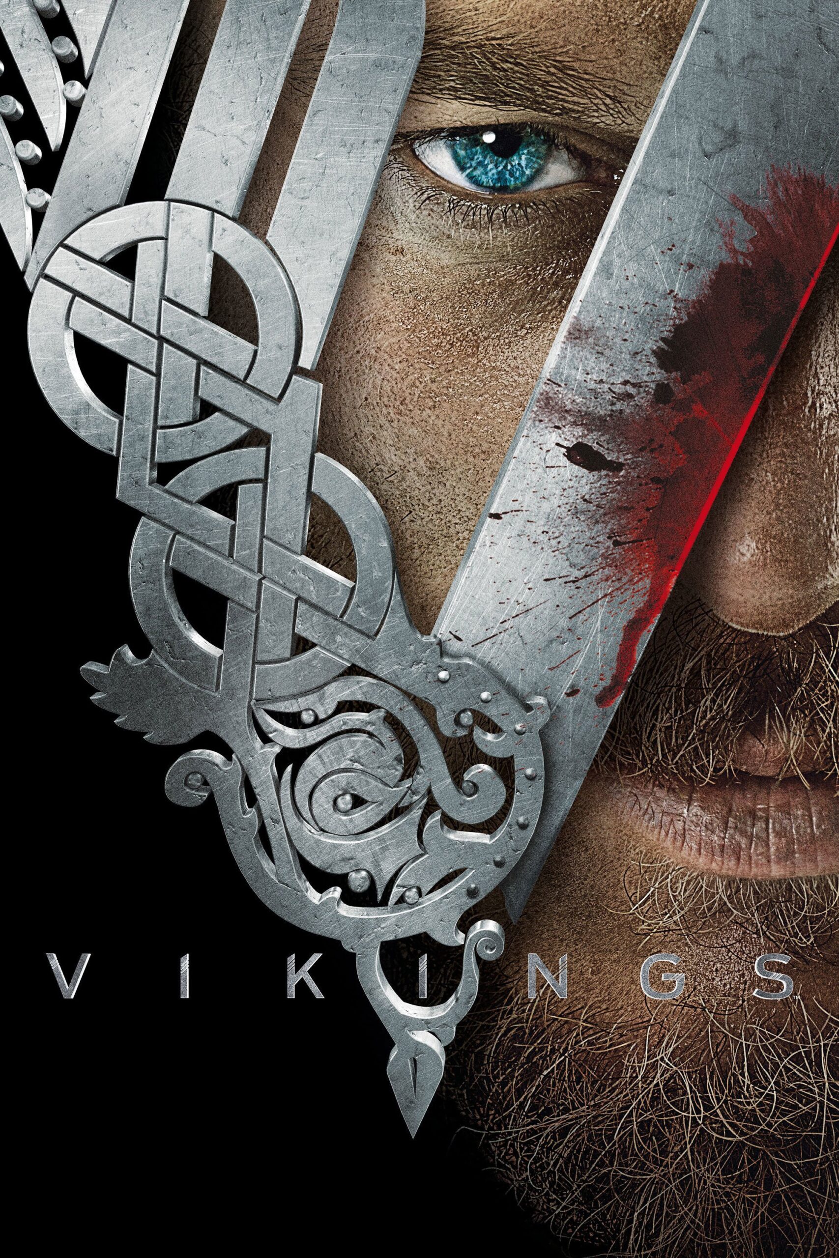 Close-up of a man's intense blue eye and face, partially covered by a decorative metal helmet with Viking designs and a streak of blood. The word Vikings is displayed at the bottom, highlighting the thrilling experience of watching epic series like this with Croatia IPTV.